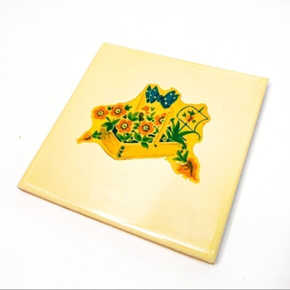 Two Butter Yellow Romany Ceramic Tiles w/ Vintage Image Transfers - Picture 5 of 9